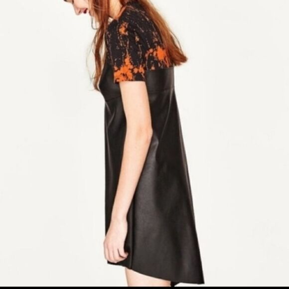 Zara Faux Leather Asymmetrical Orange and Black Dress Sz Small - Picture 2 of 8